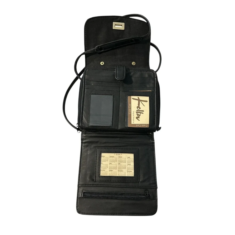 Vintage Jeun‎ Bang Black Leather Crossbody Purse Bag Multi Pocket Gold Hardware